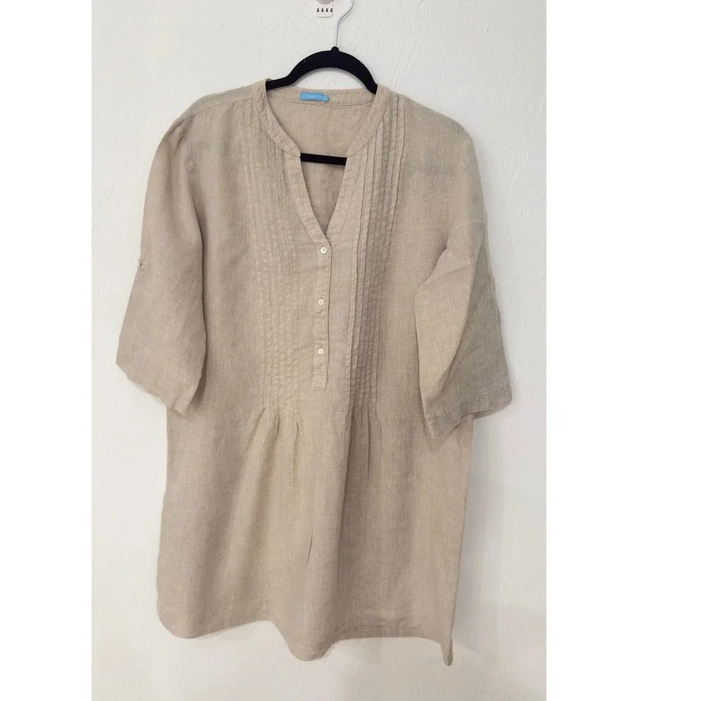 J. McLaughlin Linen Tunic Dress Beige Pintuck Roll Tab Sleeve XL - Picture 3 of 9